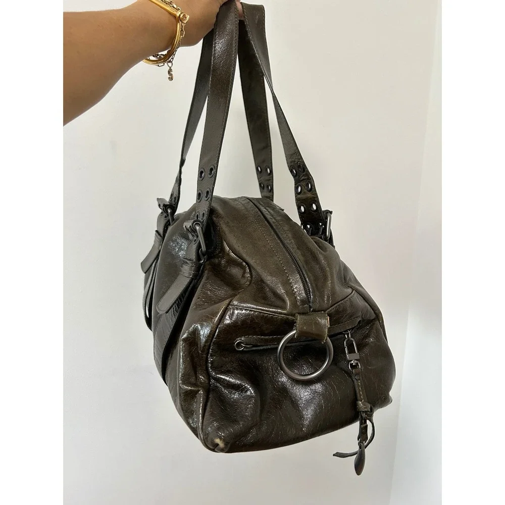Y2K Francesco Biasia Distressed Leather Satchel Bag Olive Green Grunge